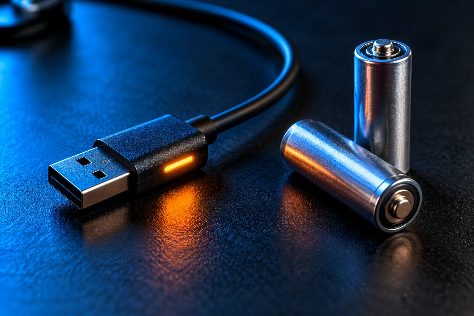 Nabíjecí konektor, stočený kabel a dvě baterie na tmavém technickém pozadí.