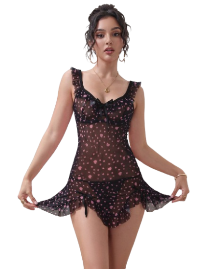 Black Heart Printed Mesh Ruffled Sexy Nightdress L