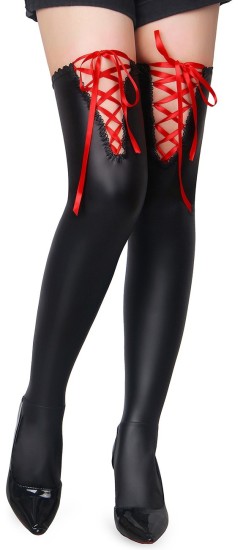 Black Sexy PU Leather Stockings With Red Cross Straps 3XL-5XL