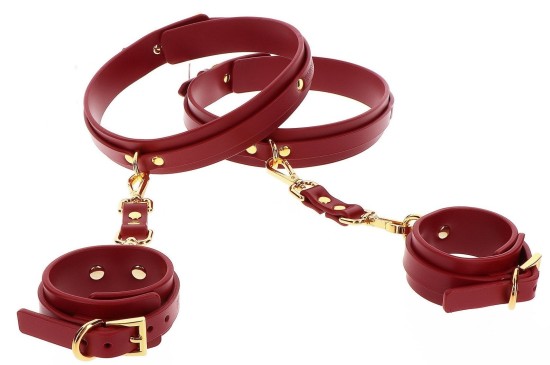 Taboom Wrist to Thigh Cuff Set červená pouta z umělé kůže na stehna a zápěstí