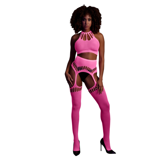 Ouch! by Shots Two Piece with Crop Top and Stockings - One Size - Neon Pink