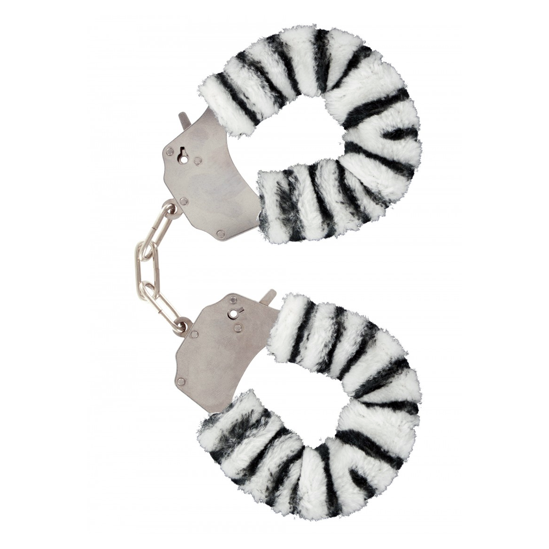 Toyjoy Furry Fun Cuffs plyšová kovová pouta | Zebrovaná - Bíločerná