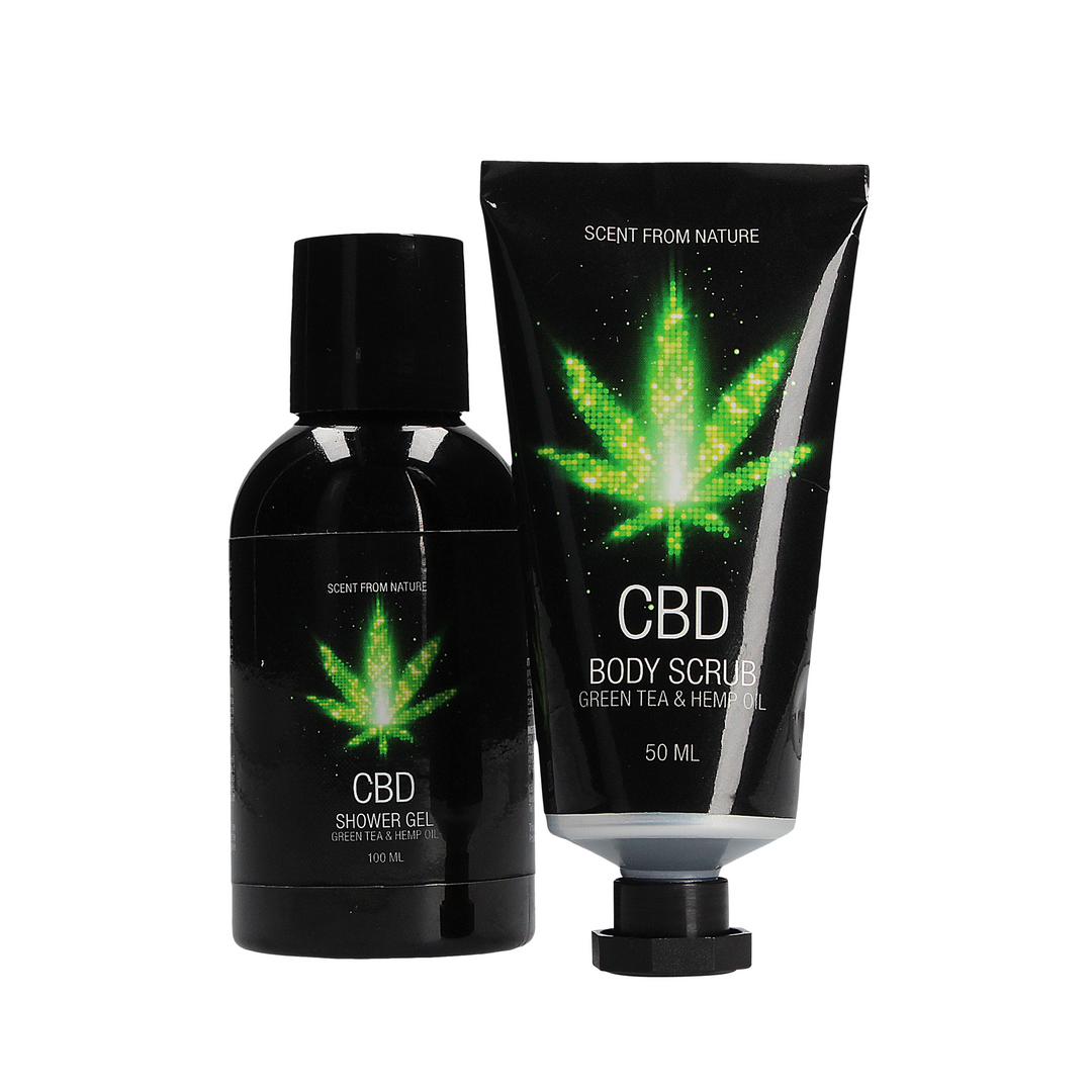 CBD Travel Set sprchový gel a peeling s obsahem zeleného čaje a konopného oleje