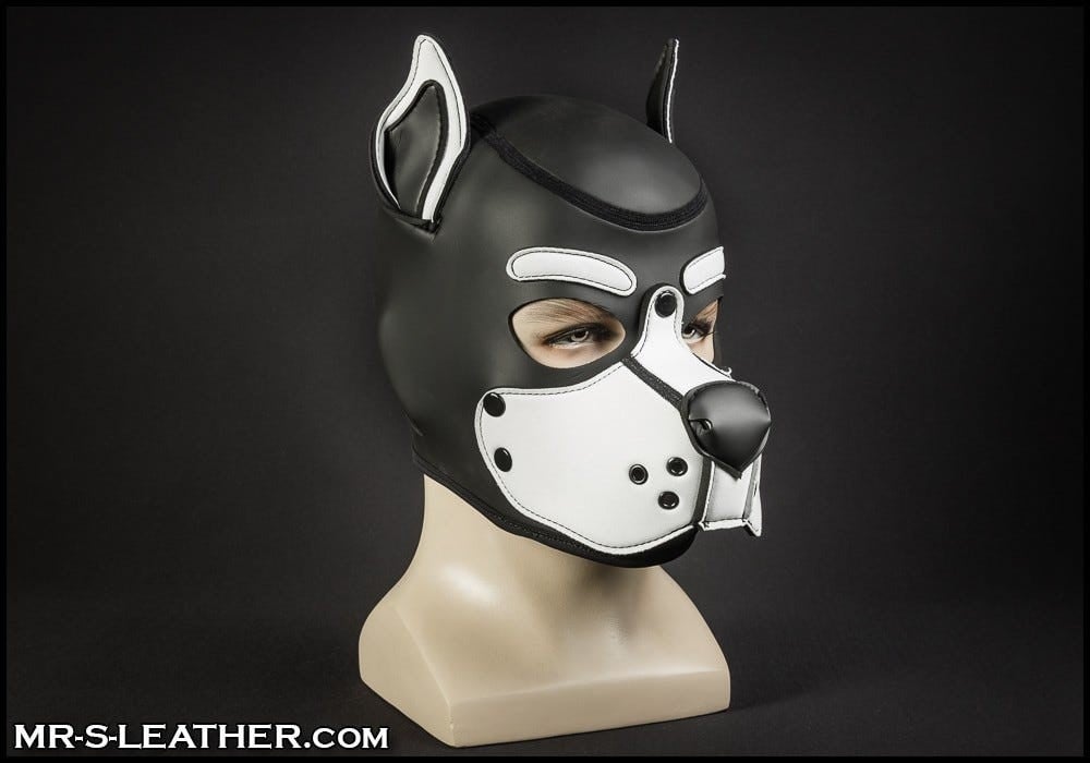 Psí maska Mr. S Leather Neoprene K9 Hood bílá Medium, neoprenová psí kukla pro puppy play
