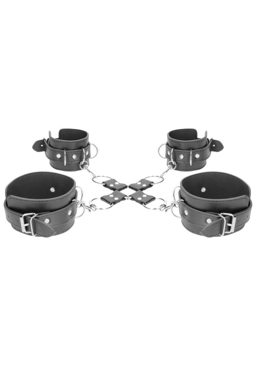 Shots Ouch! Black & White Bonded Leather Hogtie, pouta na ruce a nohy a kříž pro bondage