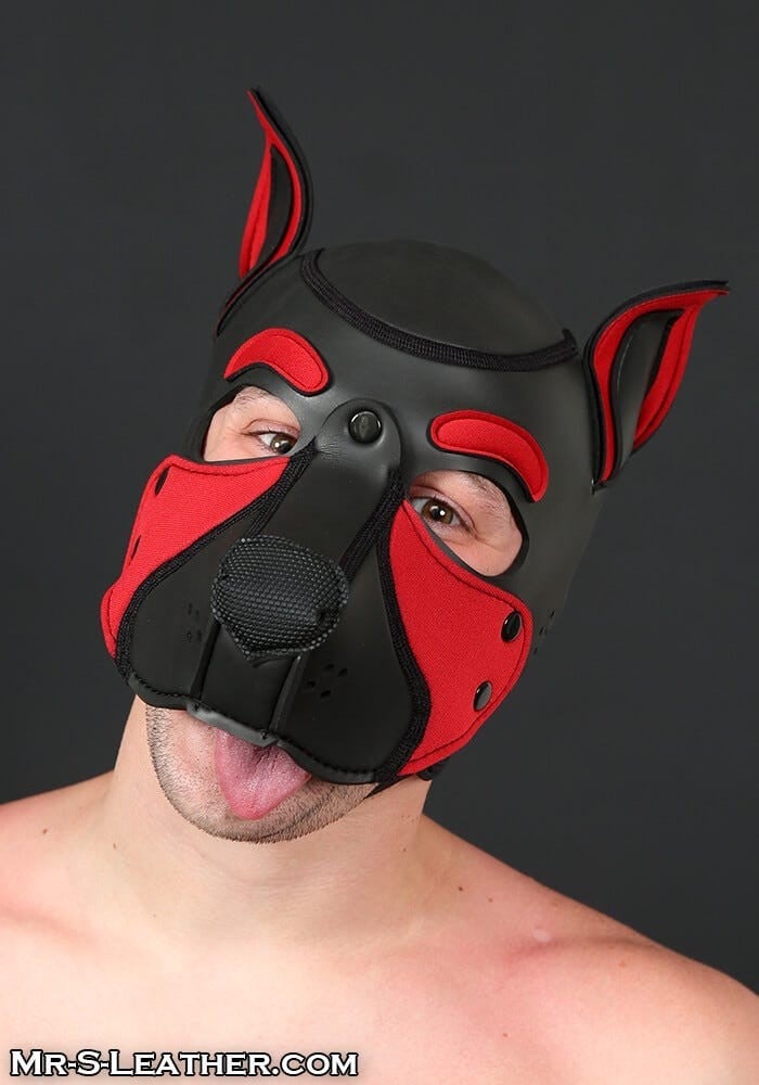 Psí maska Mr. S Leather Neoprene Frisky Pup Hood červená Large, neoprenová psí kukla pro puppy play