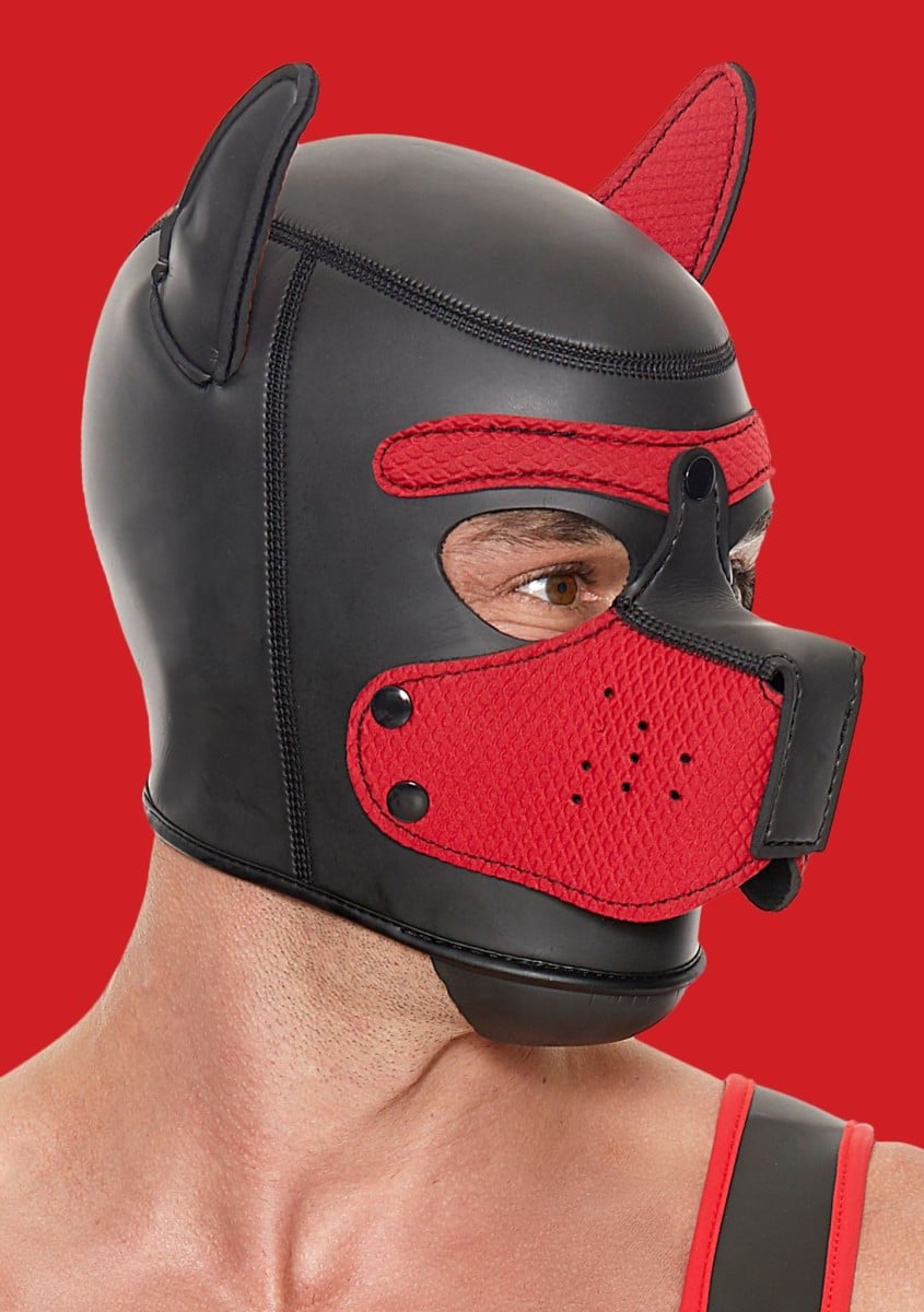 Psí maska Ouch! Puppy Play Puppy Hood červená, neoprenová psí kukla pro puppy play