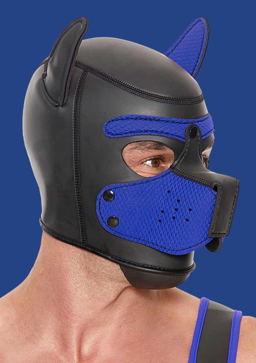 Psí maska Ouch! Puppy Play Puppy Hood modrá, neoprenová psí kukla pro puppy play