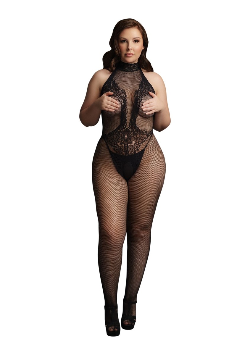 Le Désir High Neck Fishnet and Lace Bodystocking Plus Size, černé průsvitné erotické bodystocking s otevřeným rozkrokem