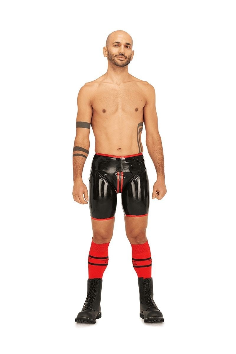 Gumové kraťasy Mister B Short Chaps Reversible černo-červené XL, oboustranné latexové chapsy