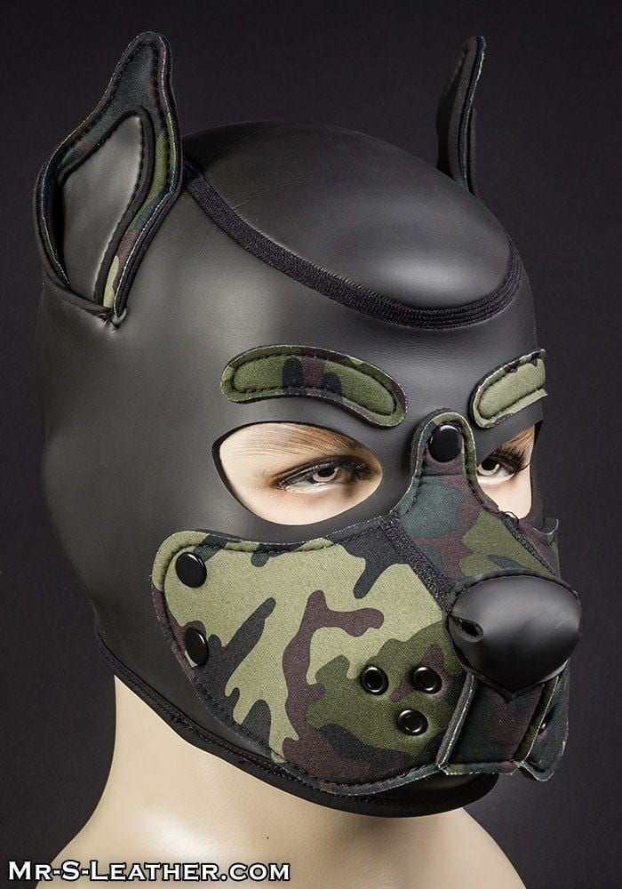 Psí maska Mr. S Leather Neoprene K9 Hood maskáčová Medium, neoprenová psí kukla pro puppy play