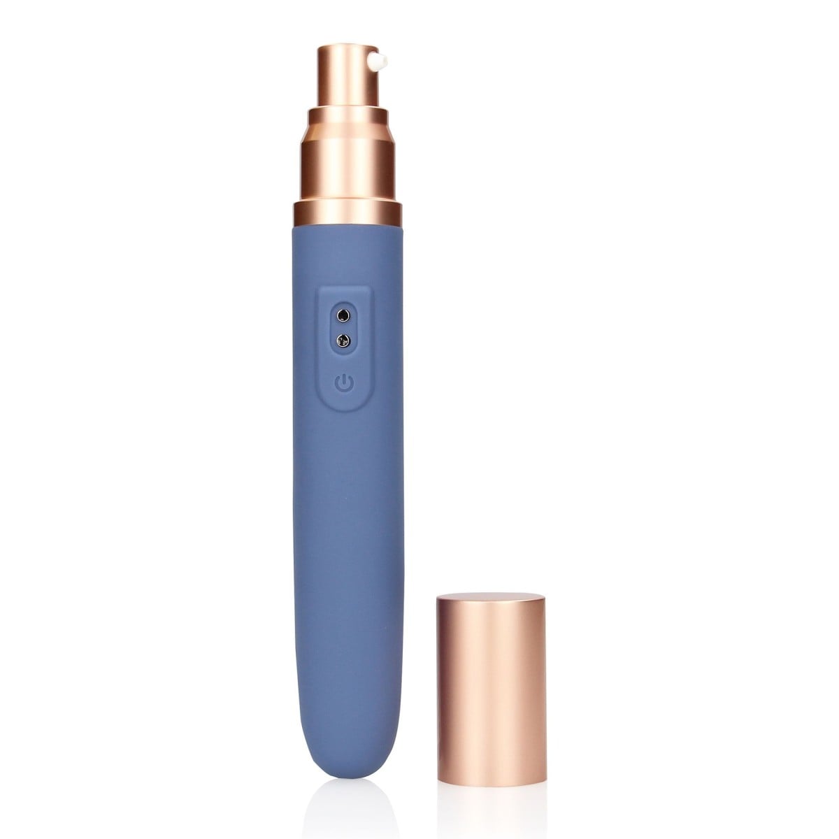 Shots Loveline Travel Vibrator with Lube Compartment and Pump Blue Horizon, silikonový vibrátor s dávkovačem lubrikantu 18,3 x 2,7 cm