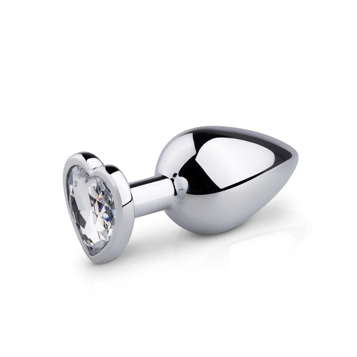 EasyToys Metal Butt Plug No. 7 Silver/Clear, kovový anální kolík ve tvaru srdce 8,3 x 0,9–3,2 cm