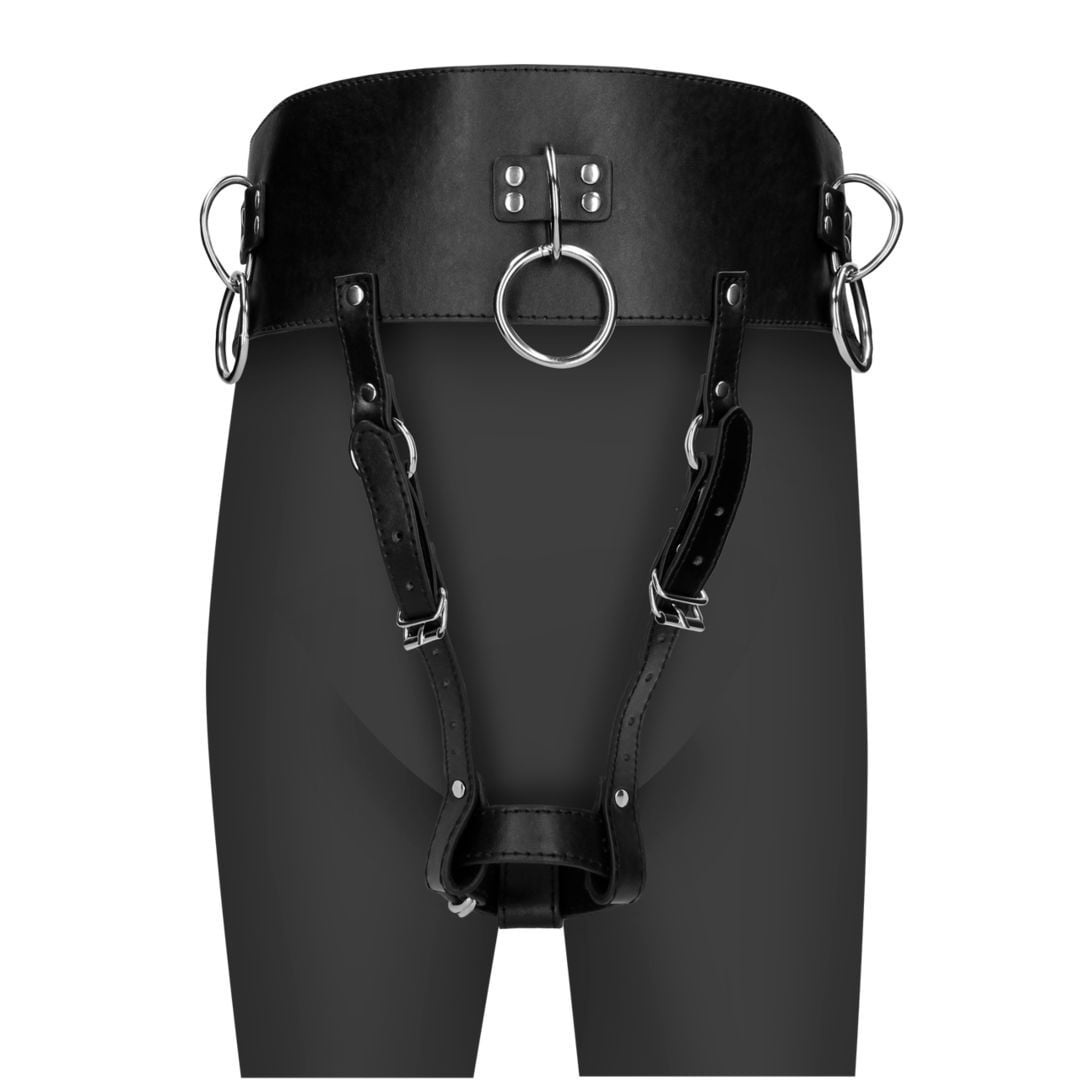 Shots Ouch! Xtreme Belt with Vibrator Holder S–XL, pásek z umělé kůže pro připevnění vibrační hlavice