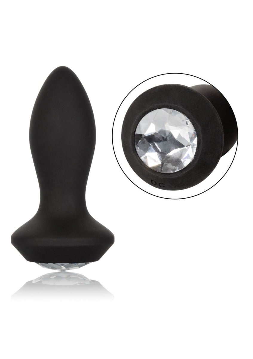 Vibrační anální šperk CalExotics Petite Crystal Probe černý, silikonový vibrační anální šperk 9,5 x 3,2 cm