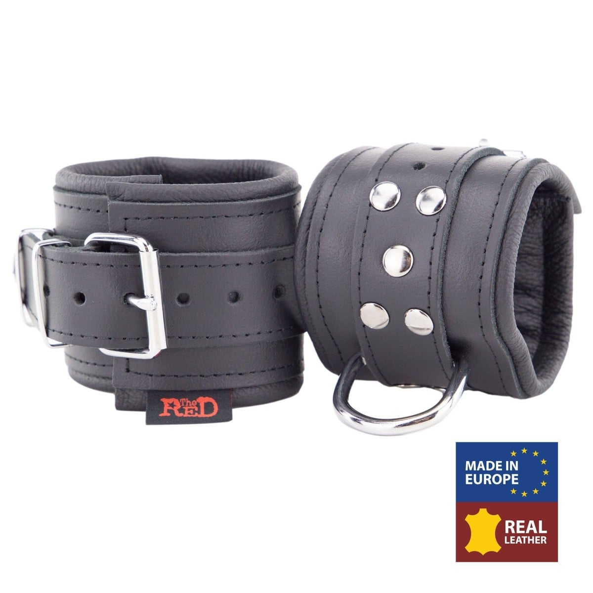 The Red Leather Handcuff – Padding, černá pouta na ruce s polstrováním