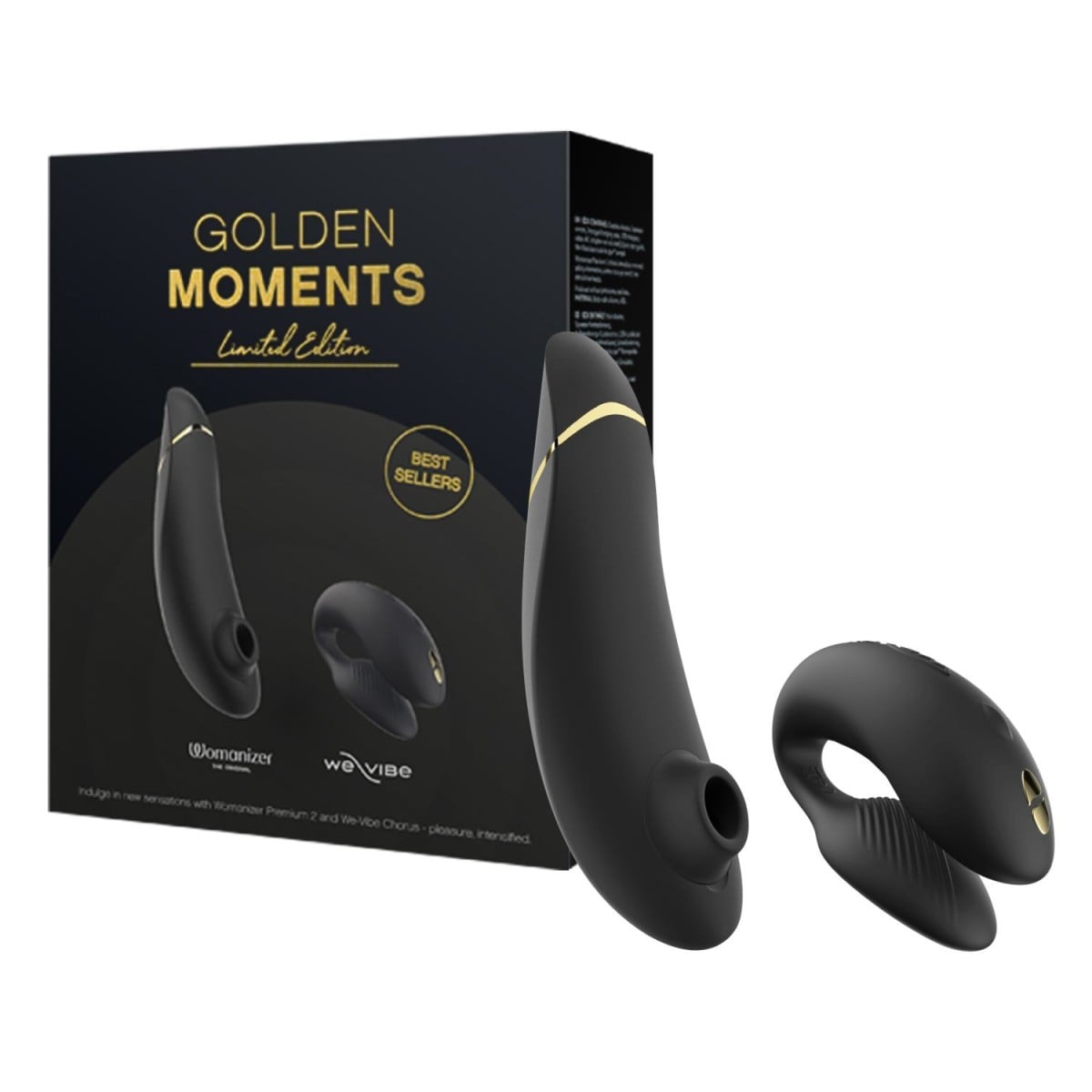 Womanizer Golden Moments Collection, luxusní sada bezdotykového stimulátoru klitorisu a partnerského vibrátoru