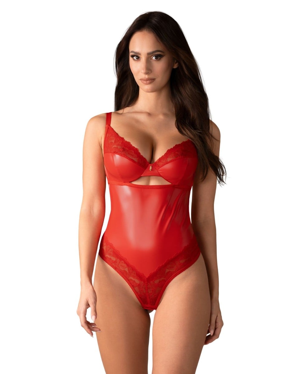 Erotické body Obsessive Aliosa L/XL, červené body zdobené krajkou
