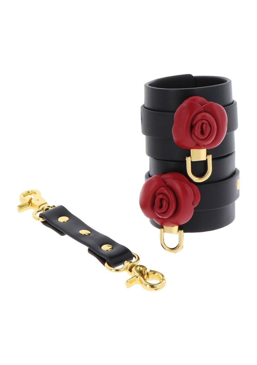 Taboom Wild Roses Wrist Cuffs, černá pouta z umělé kůže