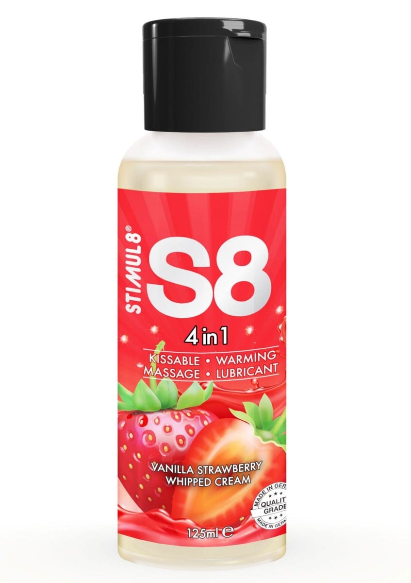 Stimul8 S8 4-in-1 Dessert Vanilla Strawberry Whipped Cream Lube 125 ml, hřejivý lubrikant a masážní gel na vodní bázi s příchutí