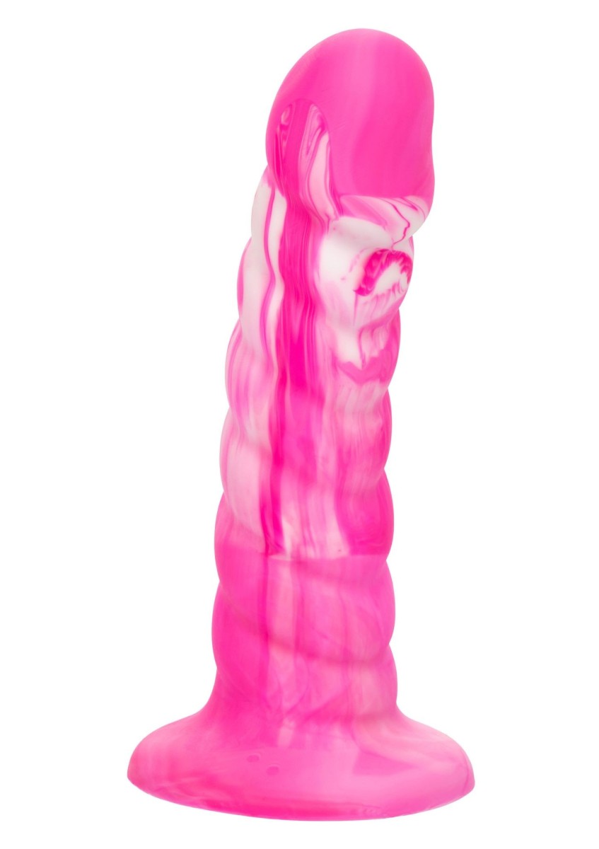 Silikonové dildo CalExotics Twisted Ribbed Probe růžové, dildo s přísavkou 14,5 x 3,6 cm