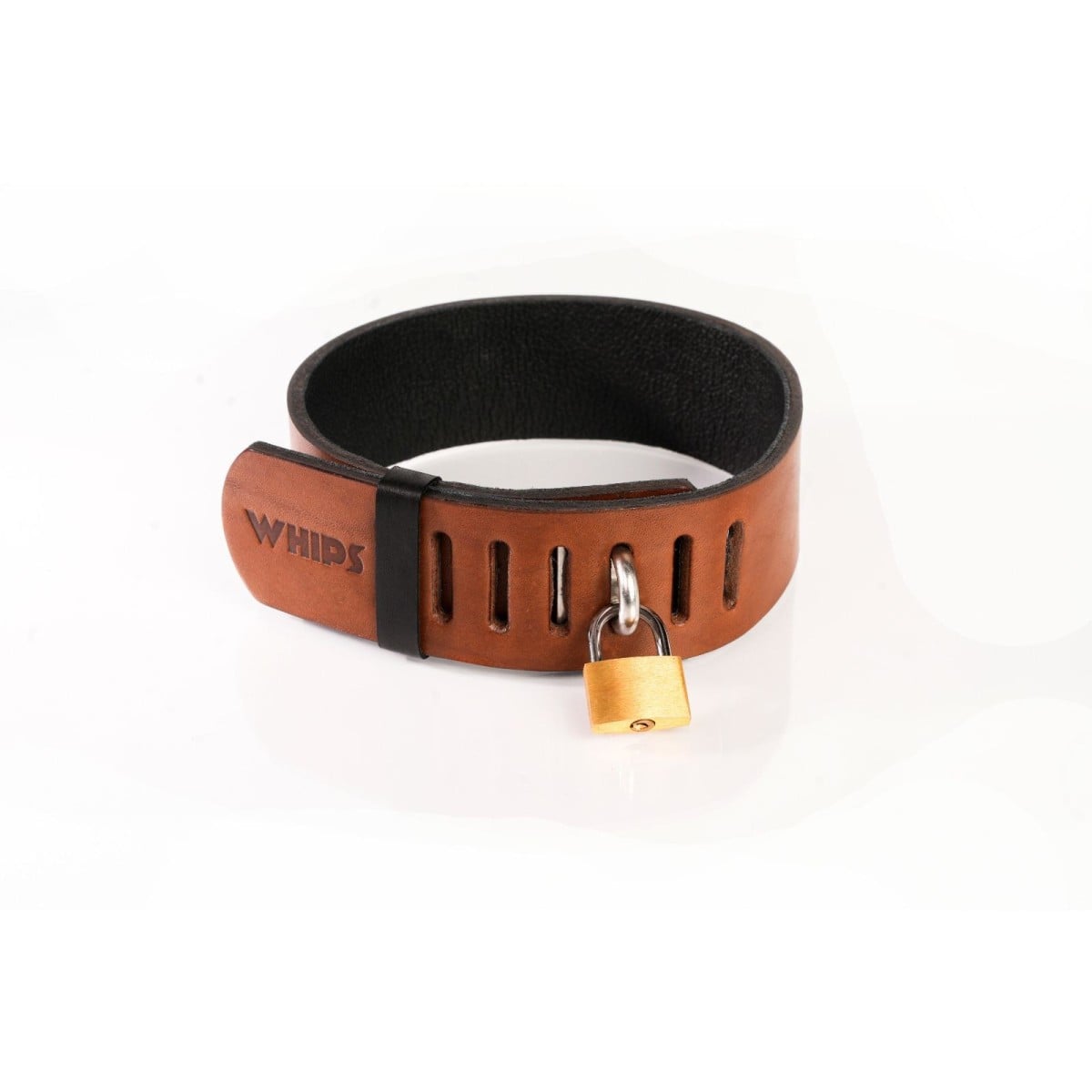 Whips Primal Bond Collar With Padlock Large Brown, kožený obojek se zámkem pro obvod 38–47 cm