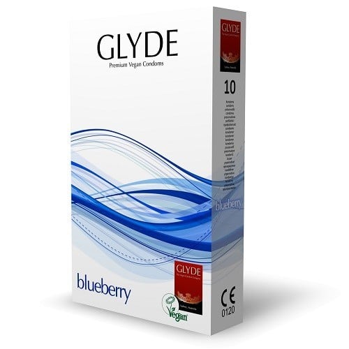 Glyde Condoms Blueberry 10 Pack, ochucené veganské latexové kondomy s nominální šířkou 53 mm