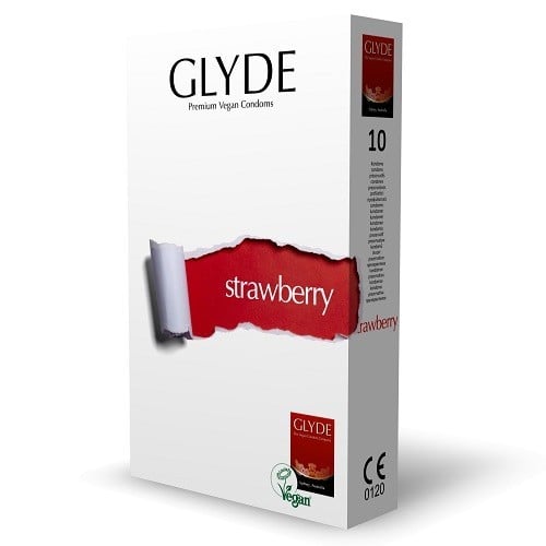 Glyde Condoms Strawberry 10 Pack, ochucené veganské latexové kondomy s nominální šířkou 53 mm
