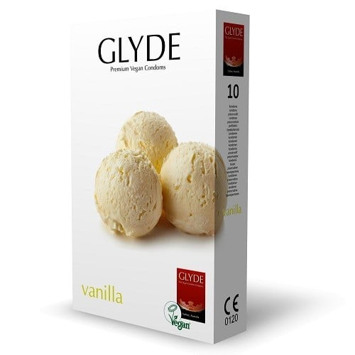 Glyde Condoms Vanilla 10 Pack, ochucené veganské latexové kondomy s nominální šířkou 53 mm
