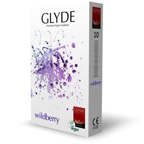 Glyde Condoms Wildberry 10 Pack, ochucené veganské latexové kondomy s nominální šířkou 53 mm