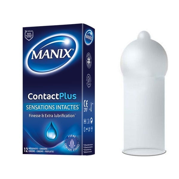 Manix Contact Plus 12 ks, tenké extra lubrikované latexové kondomy s nominální šířkou 53 mm