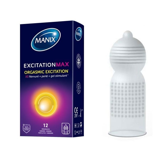 Manix Excitation Max 12 ks, vroubkované hřejivé latexové kondomy s nominální šířkou 52 mm