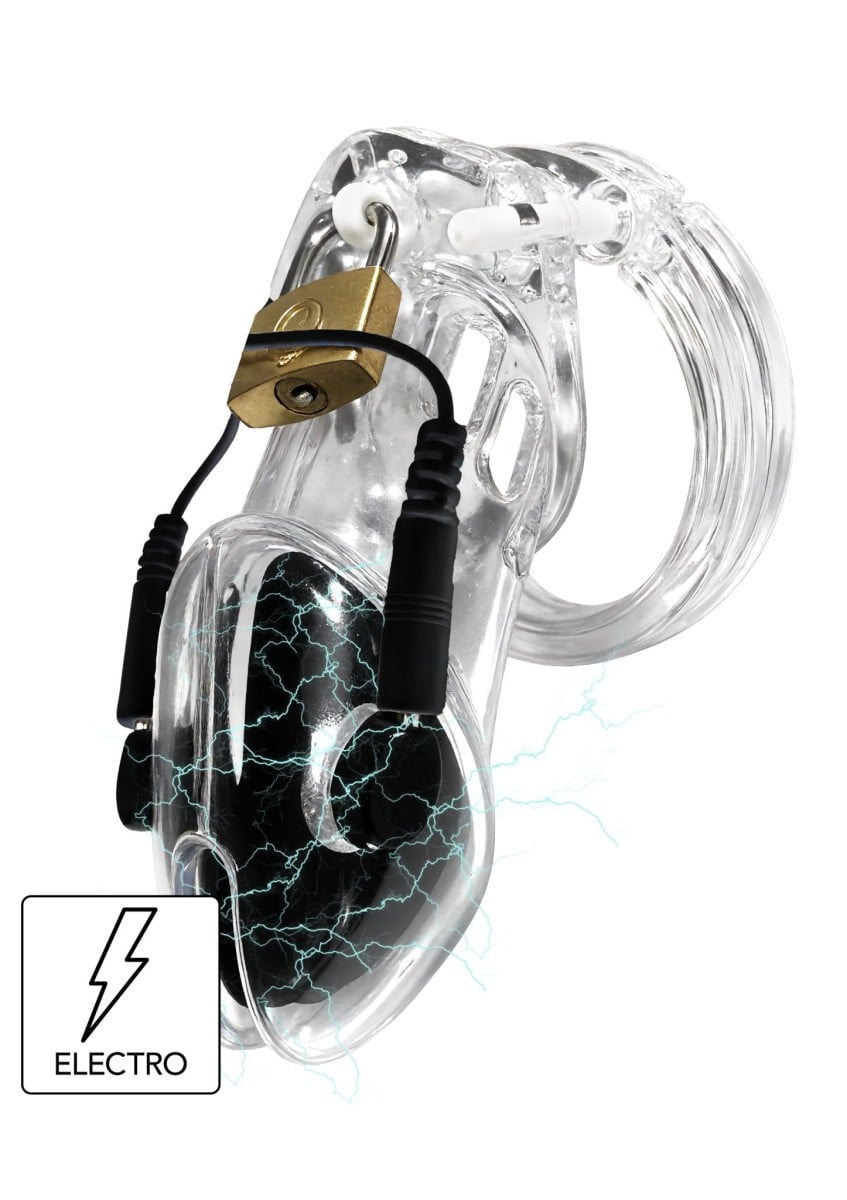 Hidden Desire Extreme Electro Cock Cage Acrylic, elektrostimulační pás cudnosti na dálkové ovládání 80 mm