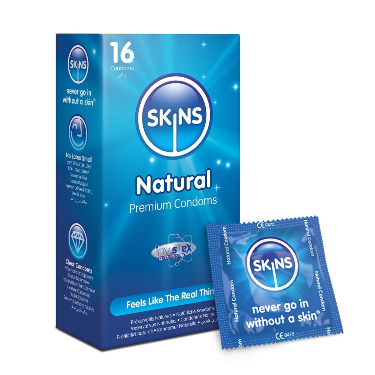 Skins Naturals 16 ks, latexové kondomy s nominální šířkou 52 mm