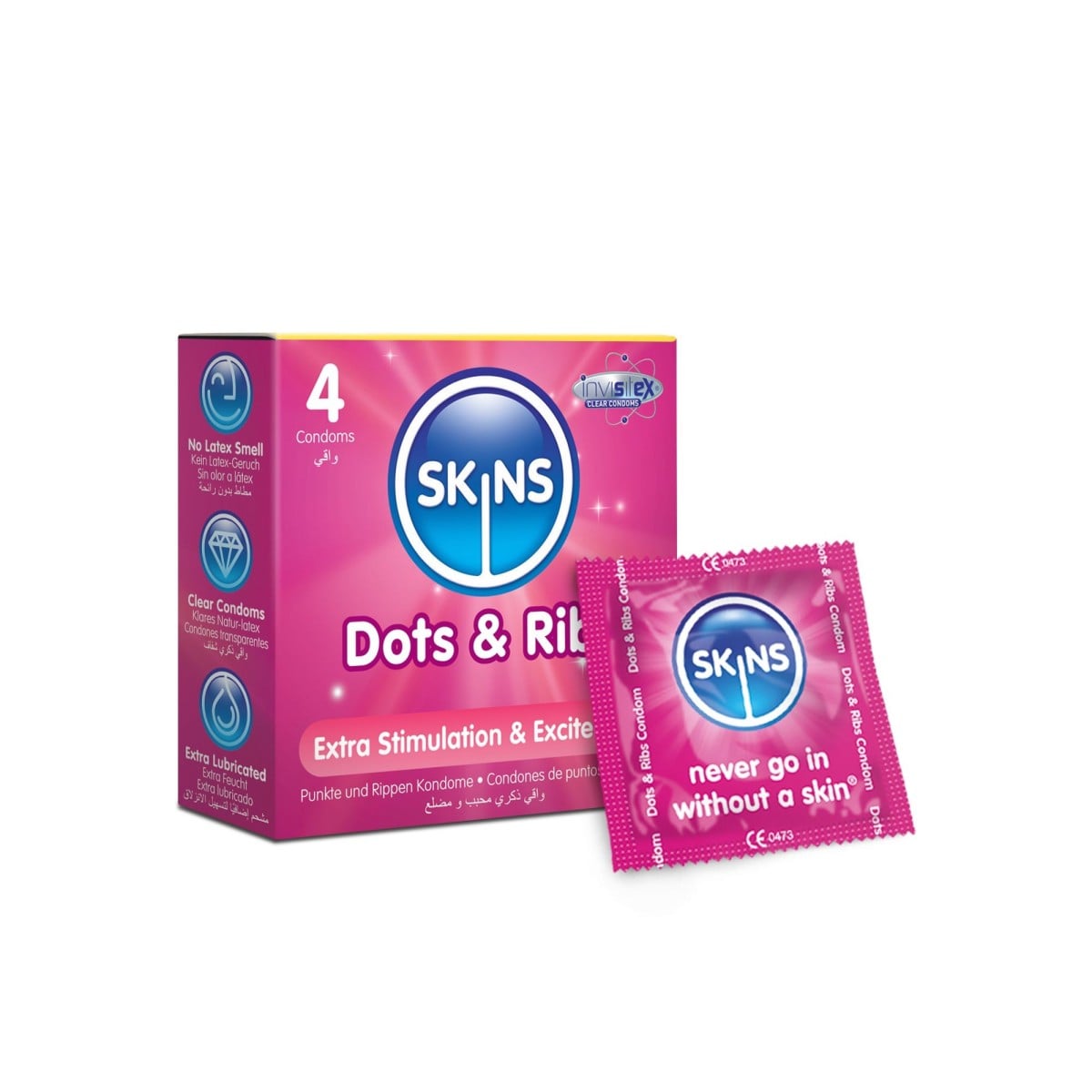 Skins Dots & Ribs 4 ks, vroubkované latexové kondomy s nominální šířkou 52 mm