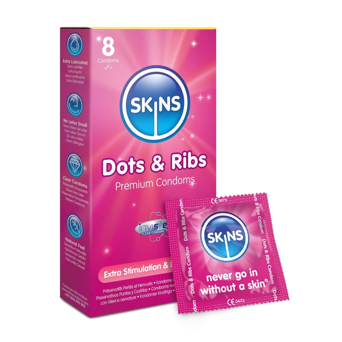 Skins Dots & Ribs 8 ks, vroubkované latexové kondomy s nominální šířkou 52 mm