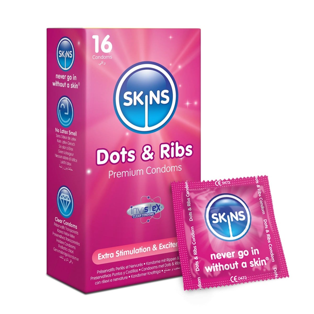 Skins Dots & Ribs 16 ks, vroubkované latexové kondomy s nominální šířkou 52 mm