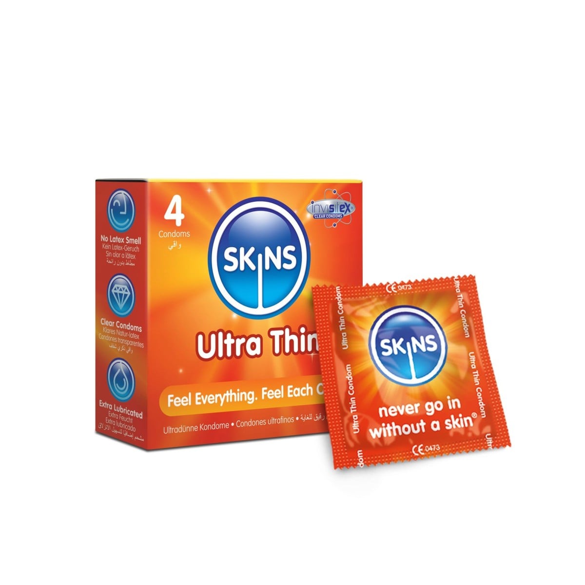 Skins Ultra Thin 4 ks, extra tenké latexové kondomy s nominální šířkou 55 mm