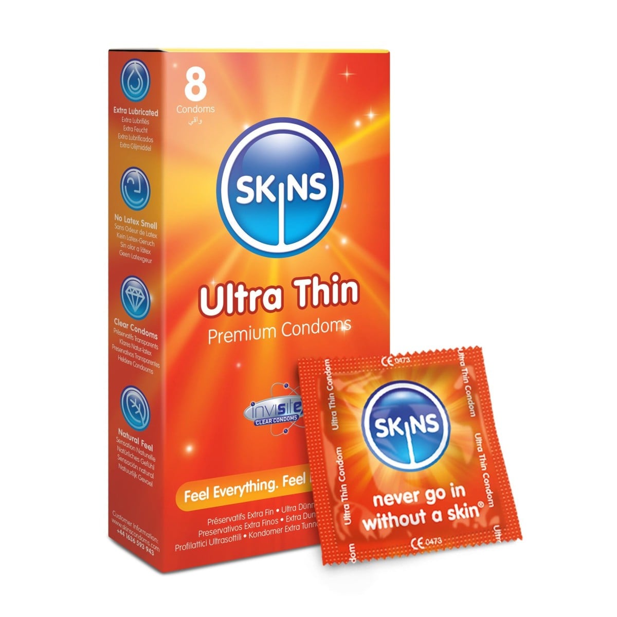 Skins Ultra Thin 8 ks, extra tenké latexové kondomy s nominální šířkou 55 mm