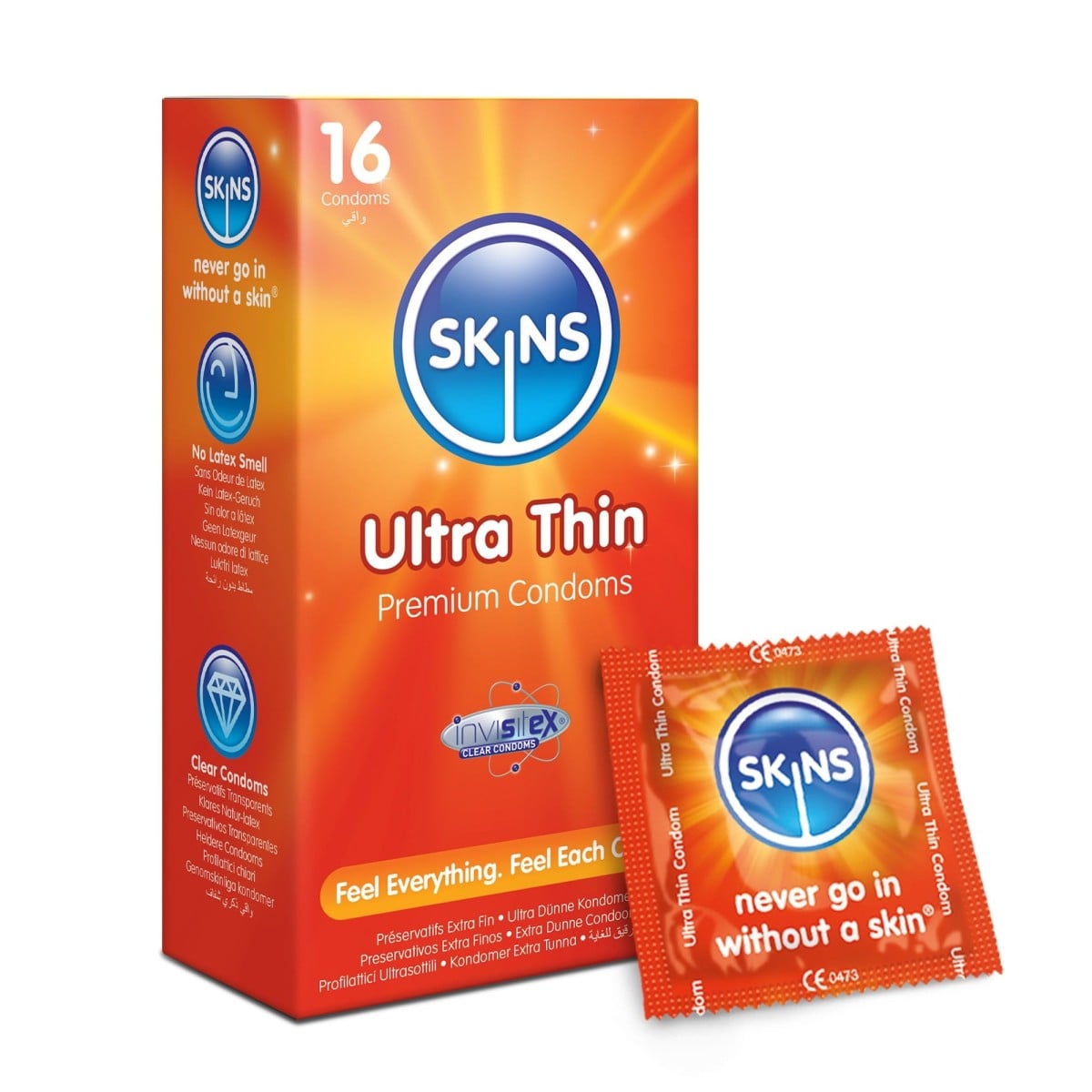 Skins Ultra Thin 16 ks, extra tenké latexové kondomy s nominální šířkou 55 mm