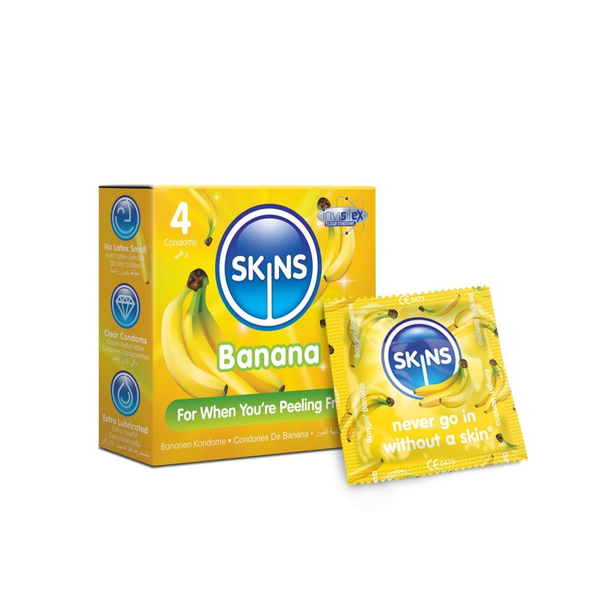 Skins Banana 4 ks, banánové latexové kondomy s nominální šířkou 55 mm