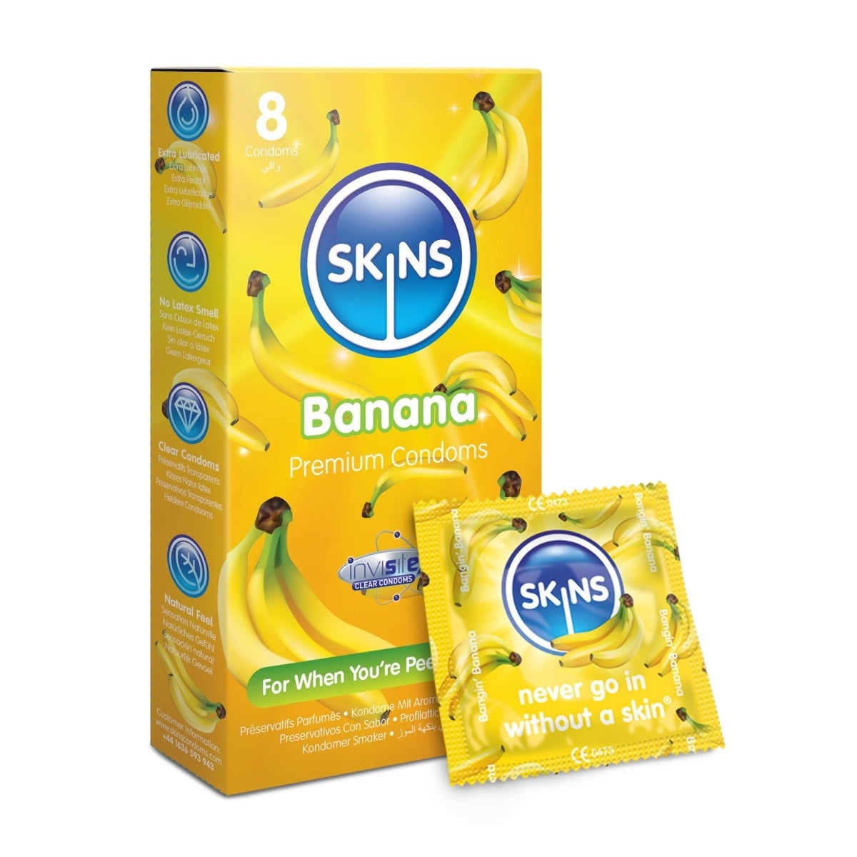 Skins Banana 8 ks, banánové latexové kondomy s nominální šířkou 55 mm