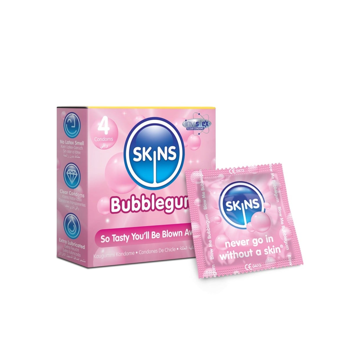 Skins Bubblegum 4 ks, žvýkačkové latexové kondomy s nominální šířkou 55 mm