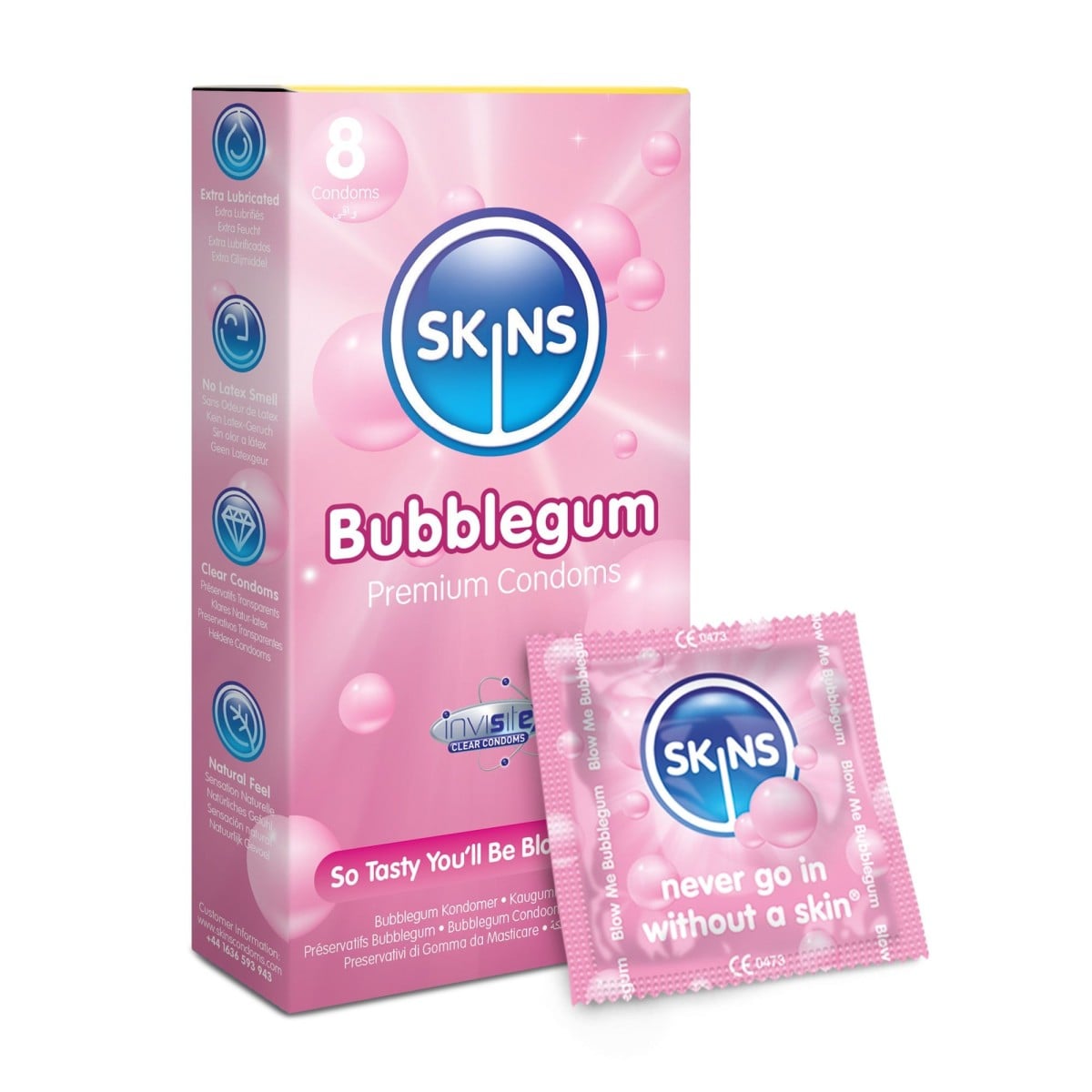Skins Bubblegum 8 ks, žvýkačkové latexové kondomy s nominální šířkou 55 mm