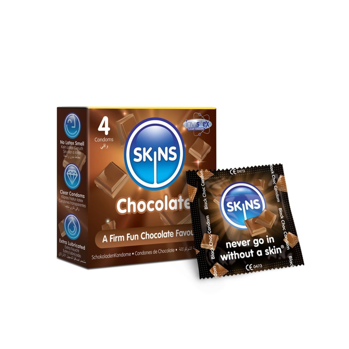 Skins Chocolate 4 ks, čokoládové latexové kondomy s nominální šířkou 55 mm