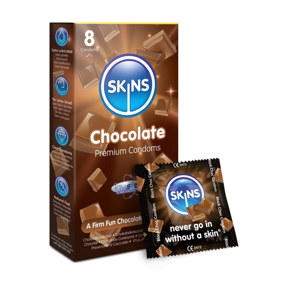 Skins Chocolate 8 ks, čokoládové latexové kondomy s nominální šířkou 55 mm