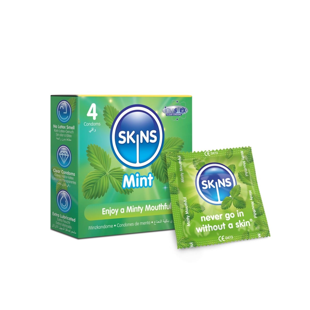 Skins Mint 4 ks, mátové latexové kondomy s nominální šířkou 55 mm