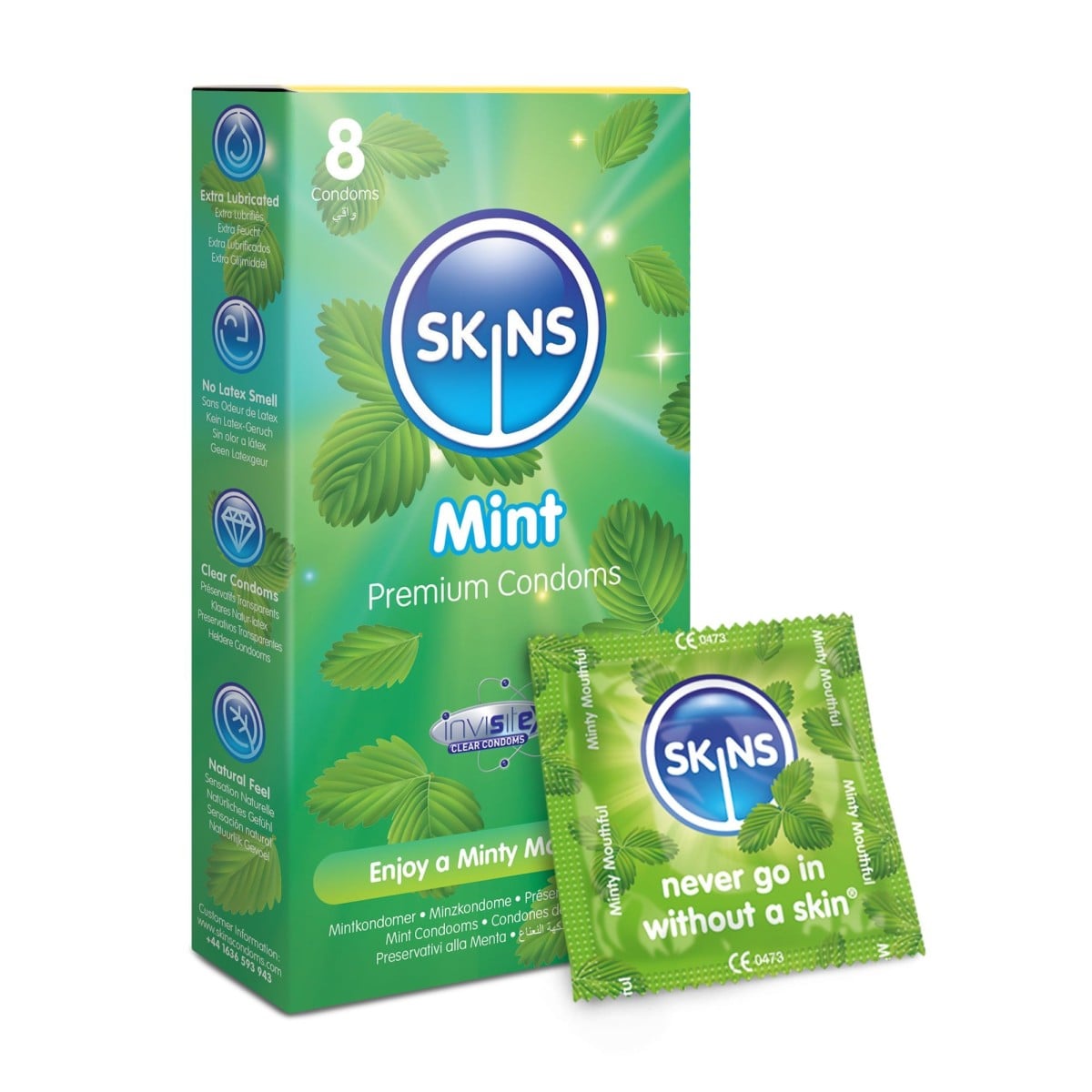 Skins Mint 8 ks, mátové latexové kondomy s nominální šířkou 55 mm