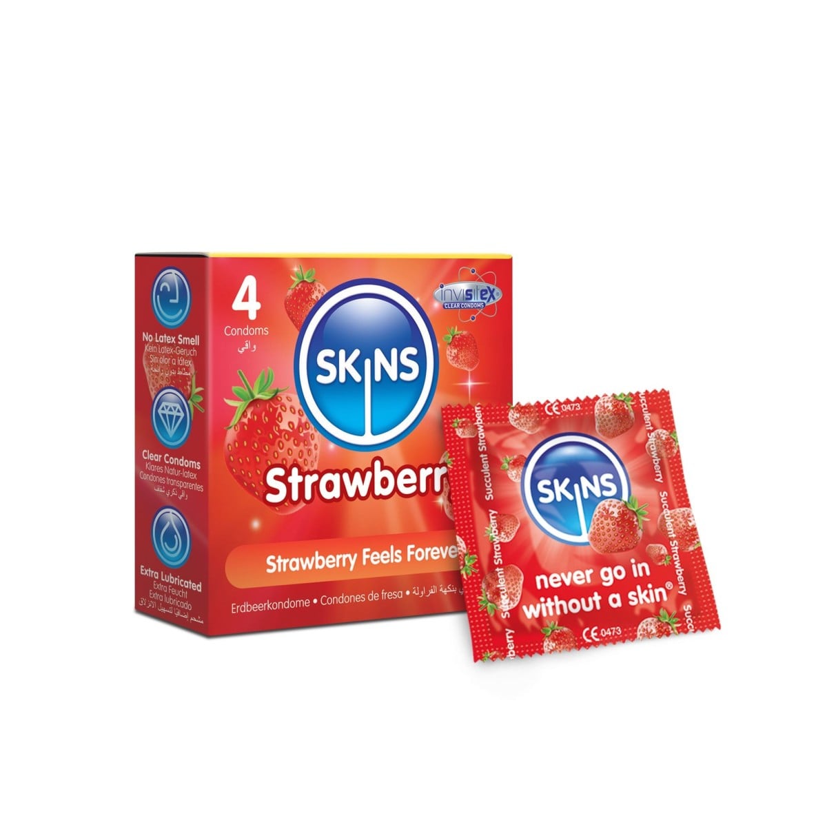 Skins Strawberry 4 ks, jahodové latexové kondomy s nominální šířkou 55 mm