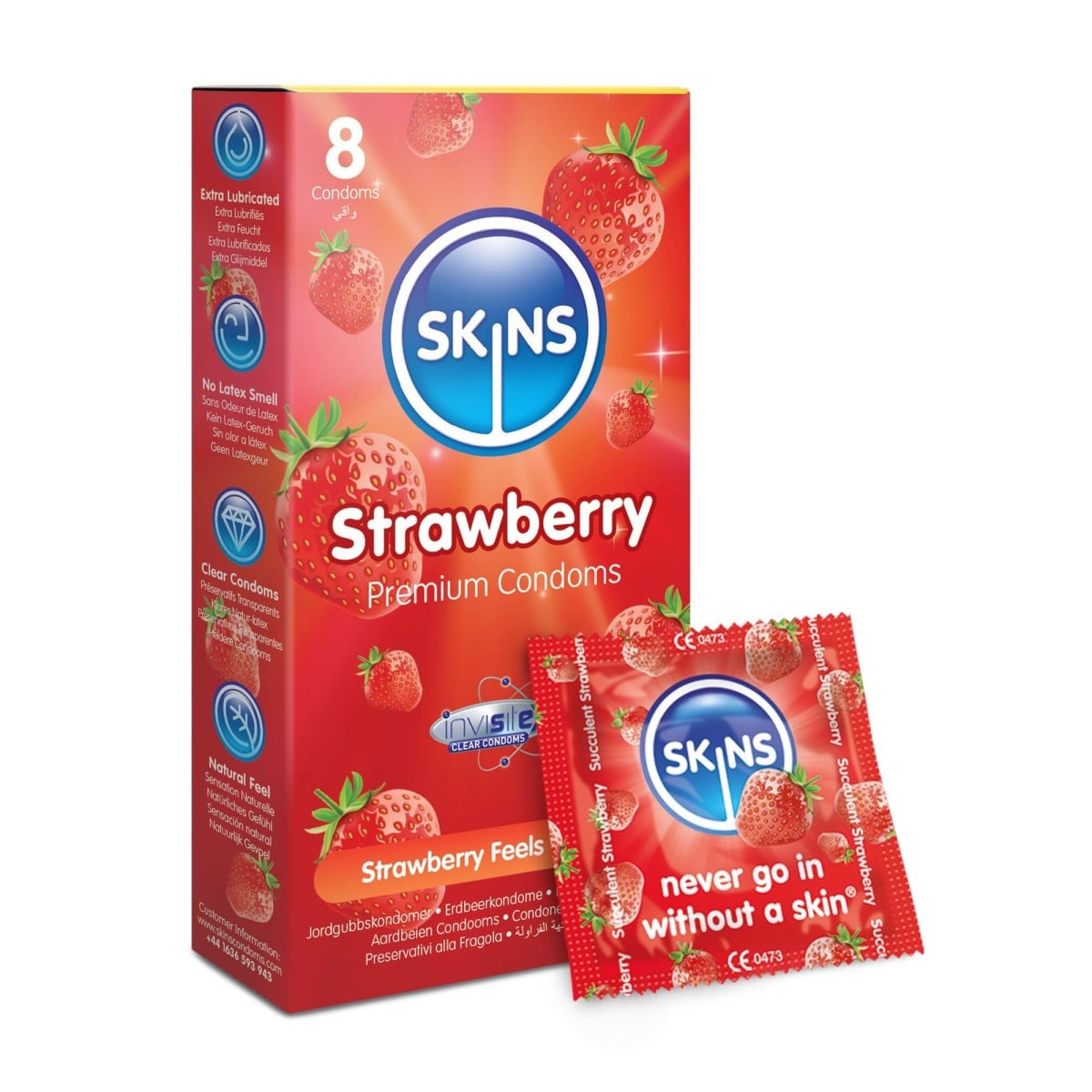 Skins Strawberry 8 ks, jahodové latexové kondomy s nominální šířkou 55 mm